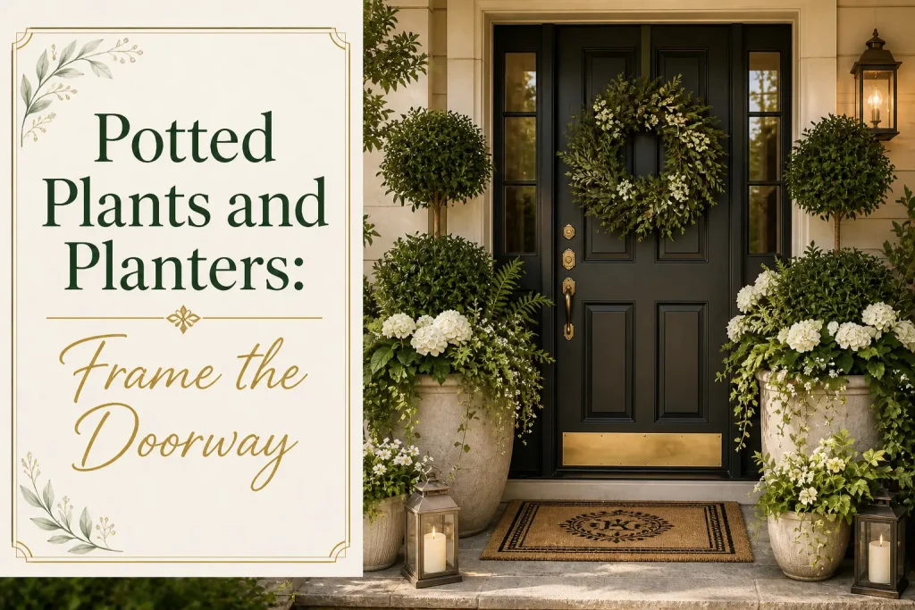 potted plants and planters frame the doorway